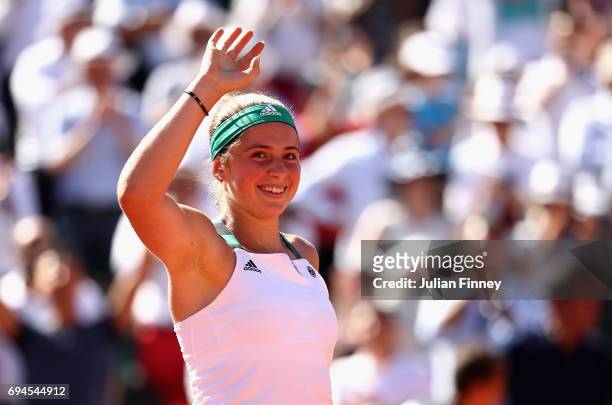 Jelena Ostapenko of Latvia celebrates victory in the ladies singles final match against Simona Halep of Romania on day fourteen of the 2017 French...