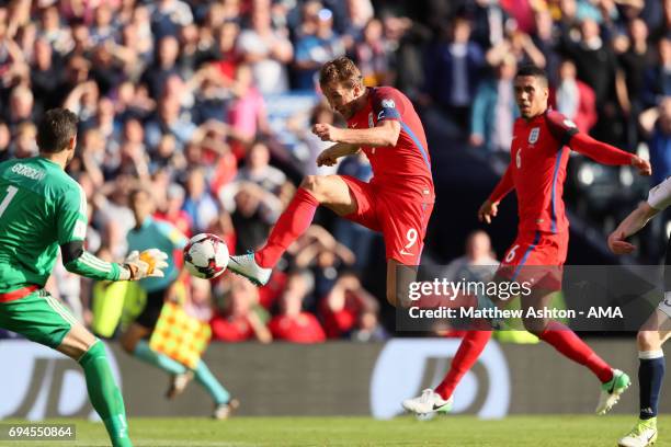 Harry Kane of England scores a goal to make the score 2-2 during the FIFA 2018 World Cup Qualifier between Scotland and England at Hampden Park...