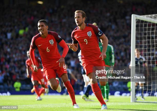 Harry Kane of England celebrates scoring his sides second goal during the FIFA 2018 World Cup Qualifier between Scotland and England at Hampden Park...