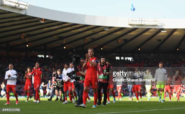 Harry Kane of England shows appreciation to the fans after the FIFA 2018 World Cup Qualifier between Scotland and England at Hampden Park National...