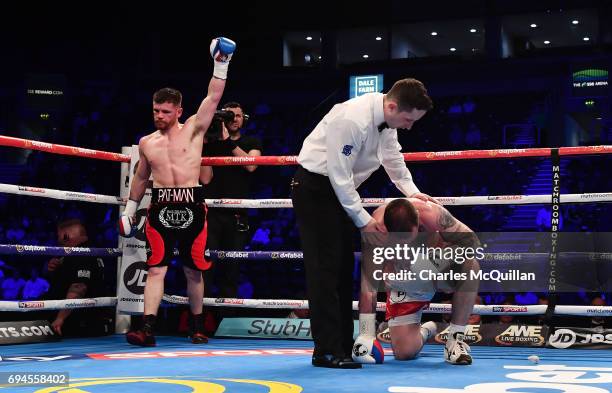 Paddy Gallagher floors Craig Kelly during their Welterweight bout at the SSE Arena Belfast on June 10, 2017 in Belfast, Northern Ireland.