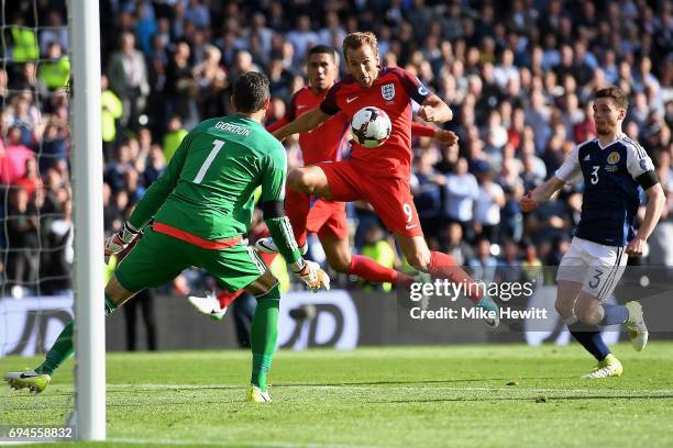 Harry Kane of England scores his sides second goal past Craig Gordon of Scotland during the FIFA 2018 World Cup Qualifier between Scotland and...