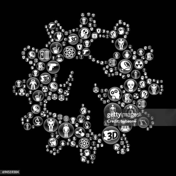 man in gear robots and robotics black vector button pattern - human exoskeleton stock illustrations