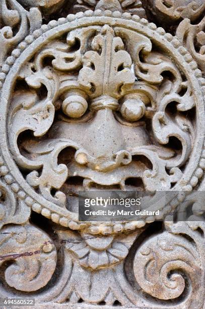 an intricate sculpture depicting hindi deities at the harshat mata temple in the village of abhaneri, rajasthan, india - chand baori stockfoto's en -beelden