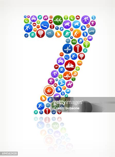 seven active lifestyle and adventure vector button pattern - man diving off boat stock illustrations