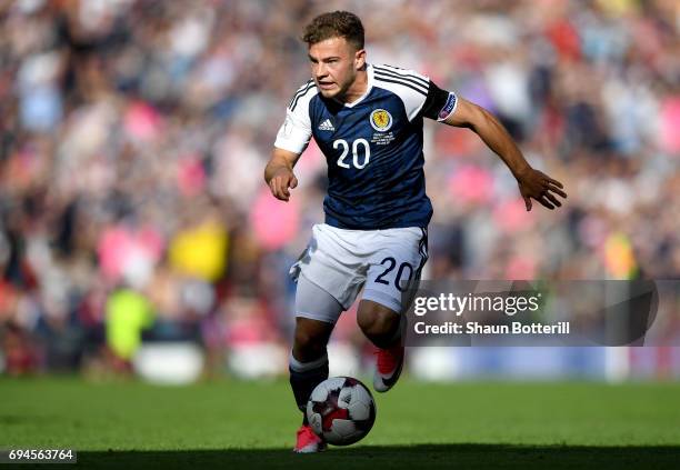 Ryan Fraser of Scotland in action during the FIFA 2018 World Cup Qualifier between Scotland and England at Hampden Park National Stadium on June 10,...