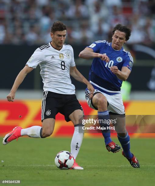 Leon Goretzka of Germany and Pier Filippo Mazza of San Marino battle for possession during the FIFA 2018 World Cup Qualifier between Germany and San...