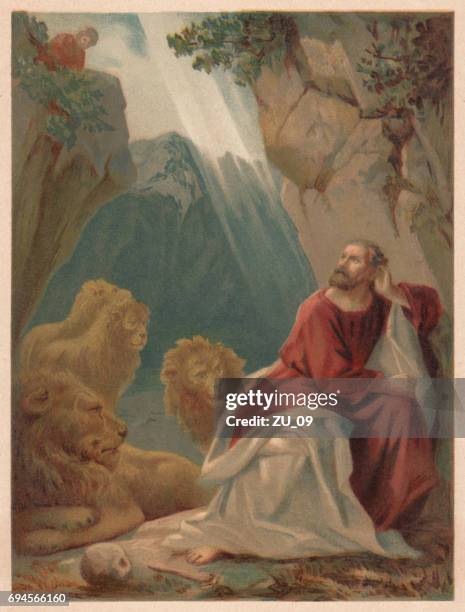 daniel in the lions' den, chromolithograph, published in 1886 - guy babylon stock illustrations