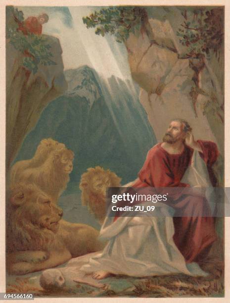 daniel in the lions' den, chromolithograph, published in 1886 - ancient babylon stock illustrations