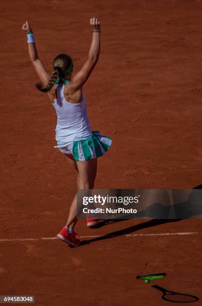 Jelena Ostapenko of Latvia wins over Simona Halep of Romania during the womens final at Roland Garros Grand Slam Tournament - Day 14 on June 10, 2017...