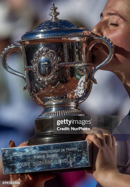 Jelena Ostapenko of Latvia with the trophy during the award ceremony after the womens final at Roland Garros Grand Slam Tournament - Day 14 on June...