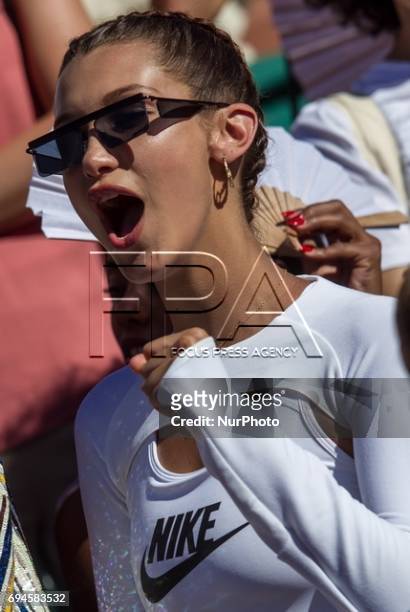Bella Hadid, Victoria Secret Model is watching the womens final at Roland Garros Grand Slam Tournament - Day 14 on June 10, 2017 in Paris, France.