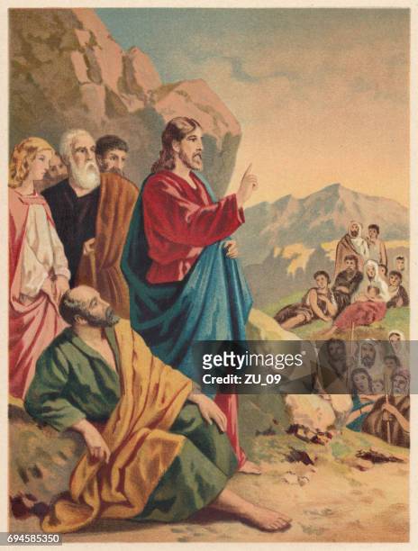 ilustraciones, imágenes clip art, dibujos animados e iconos de stock de sermón de la montaña (mateo 5-7), cromolitografía, publicado en 1886 - evangelista