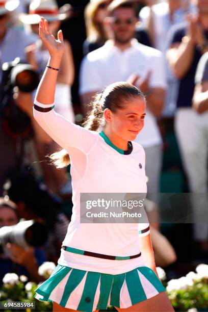 Jelena Ostapenko of Latvia celebrates victory in the ladies singles final match against Simona Halep of Romania on day fourteen of the 2017 French...