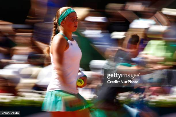 Jelena Ostapenko of Latvia celebrates victory in the ladies singles final match against Simona Halep of Romania on day fourteen of the 2017 French...