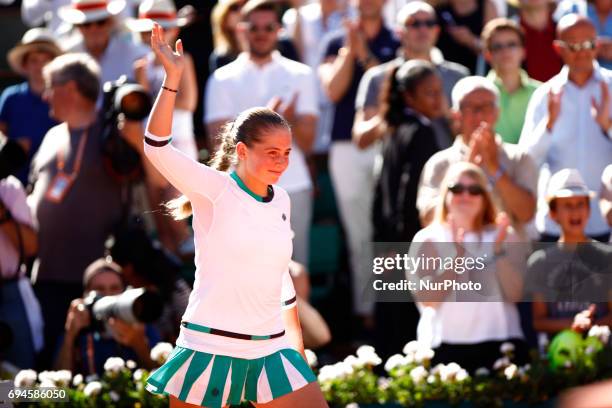 Jelena Ostapenko of Latvia celebrates victory in the ladies singles final match against Simona Halep of Romania on day fourteen of the 2017 French...