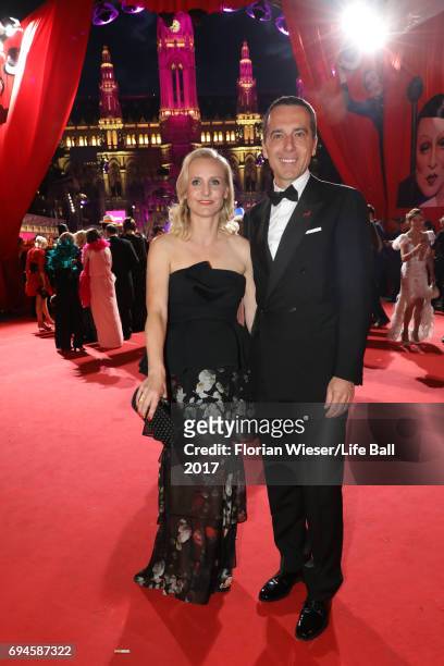 Eveline Steinberger-Kern and Austrian chancellor Christian Kern arrive for the Life Ball 2017 at City Hall on June 10, 2017 in Vienna, Austria.