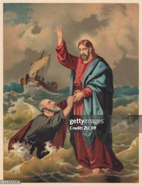 ilustrações de stock, clip art, desenhos animados e ícones de jesus walks on the water (matthew 14), chromolithograph, published 1886 - cristo redentor