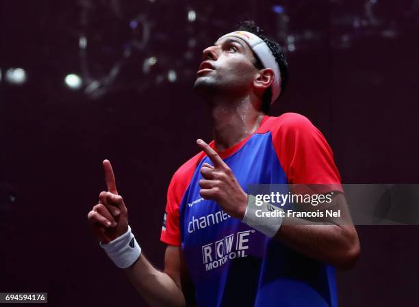 Mohamed El Shorbagy of Egypt celebrates after defeating James Willstrop of England during the Men's final match of the PSA Dubai World Series Finals...