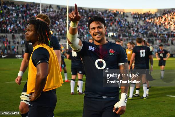 Denny Solomona of England celebrates after the International Test match between Argentina and England at Estadio San Juan del Bicentenario on June...