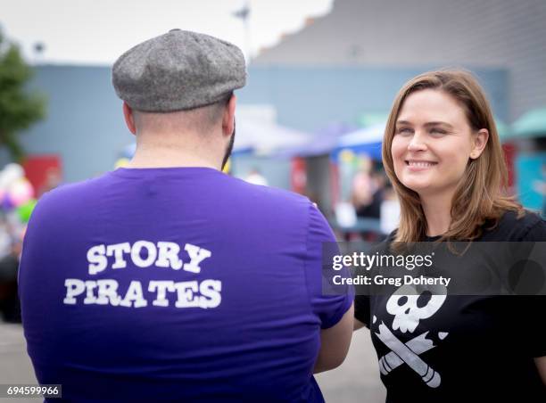 Actors Daniel Franzese and Emily Deschanel attends The Story Pirates Benefit Performance at Crossroads School for Arts & Sciences on June 10, 2017 in...
