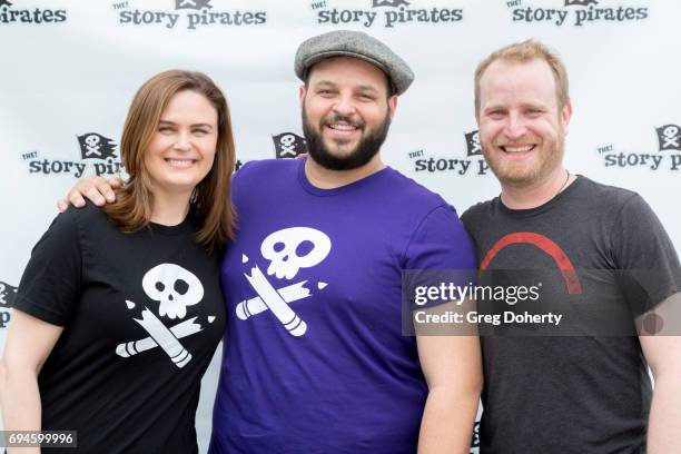 Actors Emily Deschanel, Daniel Franzese and Playwright Lee Overtree attend The Story Pirates Benefit Performance at Crossroads School for Arts &...