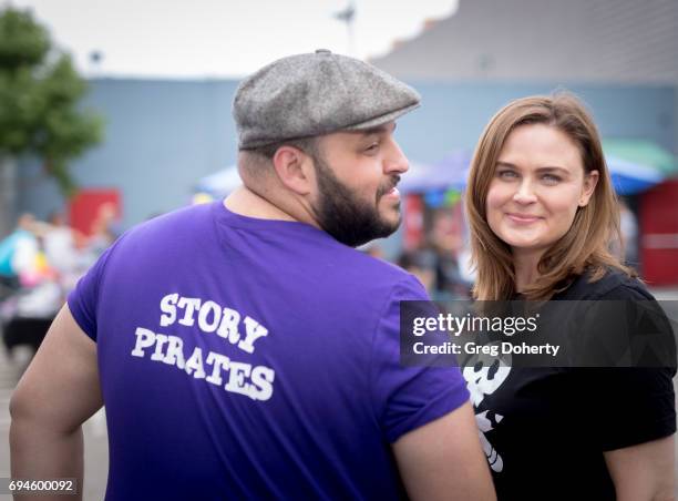 Actors Daniel Franzese and Emily Deschanel attends The Story Pirates Benefit Performance at Crossroads School for Arts & Sciences on June 10, 2017 in...