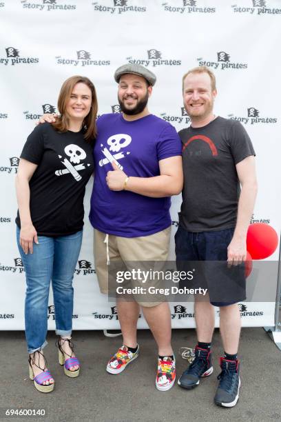 Actors Emily Deschanel, Daniel Franzese and Playwright Lee Overtree attend The Story Pirates Benefit Performance at Crossroads School for Arts &...