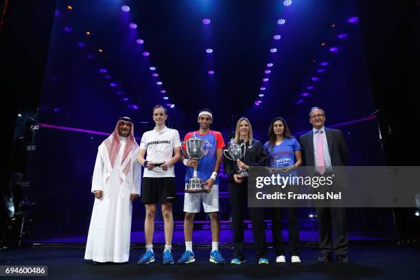 Ziad Al-Turki, PSA Chairman, James Willstrop of England, Mohamed El Shorbagy of Egypt, Laura Massaro of England, Nour El Sherbini of Egypt and...