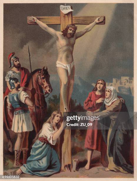 stockillustraties, clipart, cartoons en iconen met kruisiging van jezus, chromolithograph, gepubliceerd in 1886 - religieus kruis