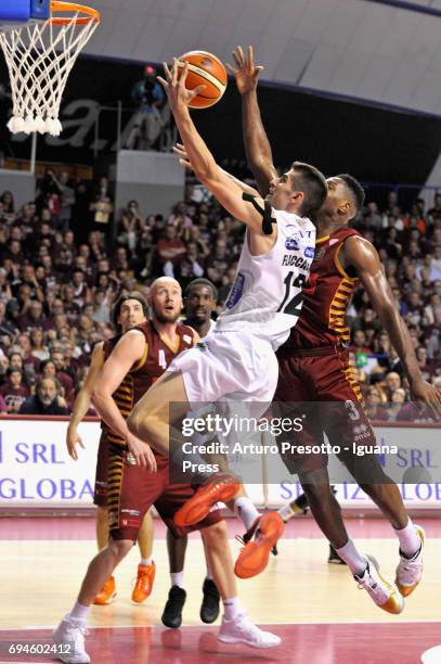 Diego Flaccadori of Dolomiti competes with Melvin Ejim of Umana during the match game 1of play off final series of LBA Legabasket of Serie A1 between...