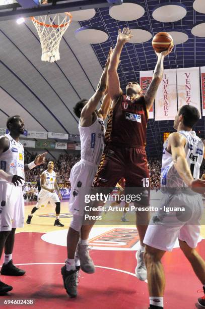 Esteban Batista of Umana competes with Luca Lechthaler and Aaron Craft of Dolomiti during the match game 1of play off final series of LBA Legabasket...