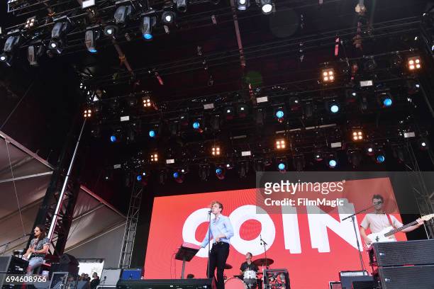 Recording artists Joe Memmel, Chase Lawrence, Ryan Winnen, and Zachary Dyke of Coin perform onstage at Which Stage during Day 3 of the 2017 Bonnaroo...