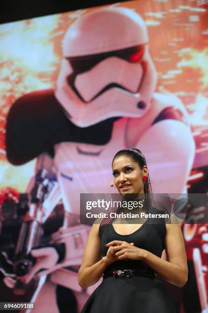 Actress Janina Gavankar introduces 'Star Wars Battlefront 2' during the Electronic Arts EA Play event at the Hollywood Palladium on June 10, 2017 in...