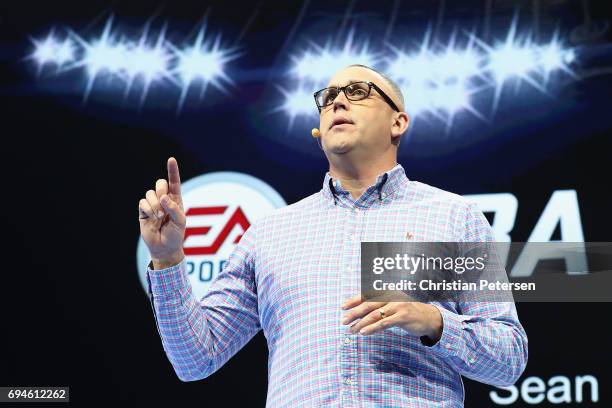 Sports Executive Producer Sean OBrien introduces 'NBA Live 18' during the Electronic Arts EA Play event at the Hollywood Palladium on June 10, 2017...