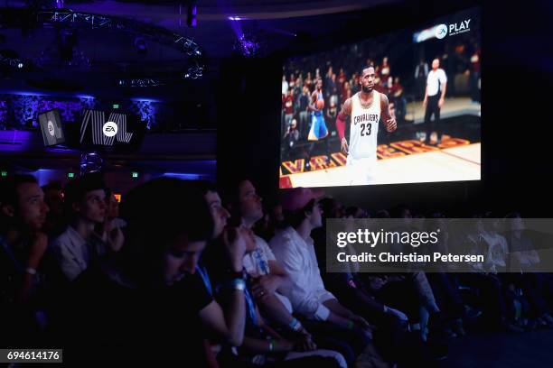 Sports 'NBA Live 18' game footage is displayed during the Electronic Arts EA Play event at the Hollywood Palladium on June 10, 2017 in Los Angeles,...