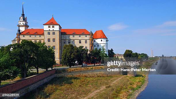 hartenfels castle on elbe river, torgau, saxony - hartenfels castle stock-fotos und bilder