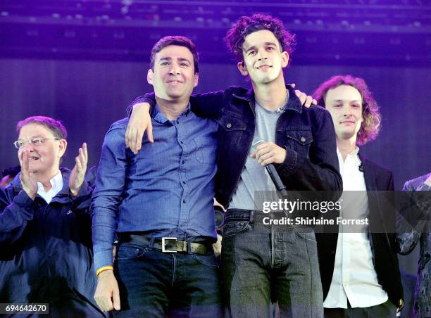 Mayor of Manchester Andy Burnham and Matthew Healy of The 1975 address the crowd giving a speech for strength regarding the Manchester attack, before...