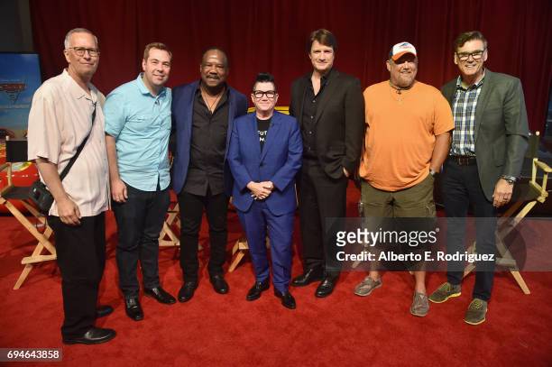 Producer Kevin Reher, director Brian Fee, actors Isiah Whitlock Jr., Lea DeLaria, Nathan Fillion, Larry the Cable Guy, and Ray Evernham pose at the...