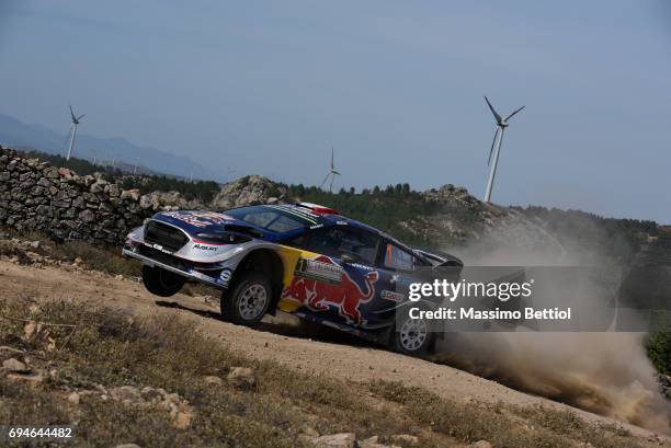 Sebastien Ogier of France and Julien Ingrassia of France compete in their M-Sport WRT Ford Fiesta WRC during Day Two of the WRC Italy on June 10,...