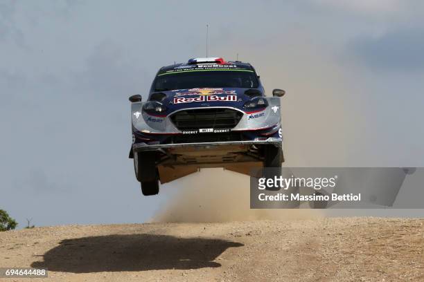 Sebastien Ogier of France and Julien Ingrassia of France compete in their M-Sport WRT Ford Fiesta WRC during Day Two of the WRC Italy on June 10,...