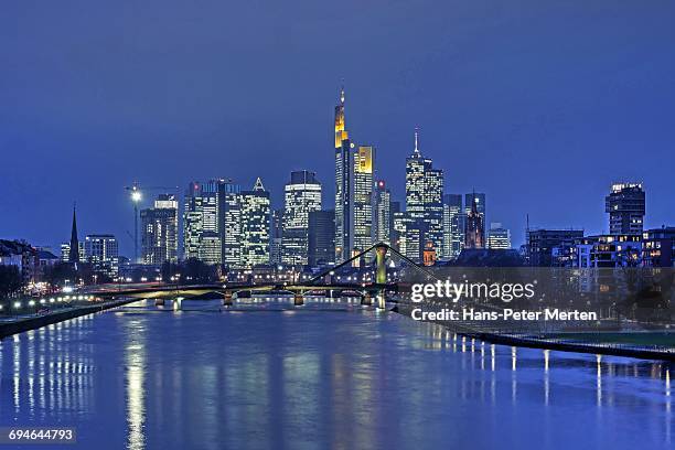 main river and skyline of frankfurt, main, hesse - messeturm frankfurt stock pictures, royalty-free photos & images