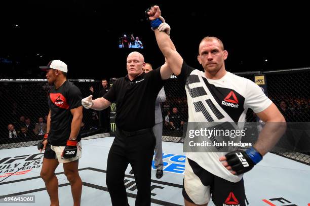 Zak Ottow celebrates after defeating Kiichi Kunimoto of Japan in their welterweight fight during the UFC Fight Night event at the Spark Arena on June...