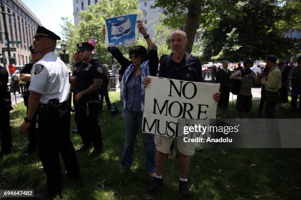 Small group attend an "anti-Islam" rally that organized by "ACT for America", known with its racist and anti-Islamic notions, in Foley Square in...