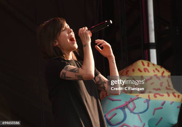 Sara Quin of Tegan and Sara performs during the 2017 Bonnaroo Arts And Music Festival on June 10, 2017 in Manchester, Tennessee.