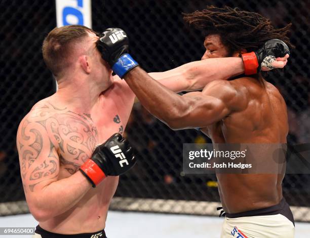 Dominique Steele punches Luke Jumeau of Australia in their welterweight fight during the UFC Fight Night event at the Spark Arena on June 11, 2017 in...