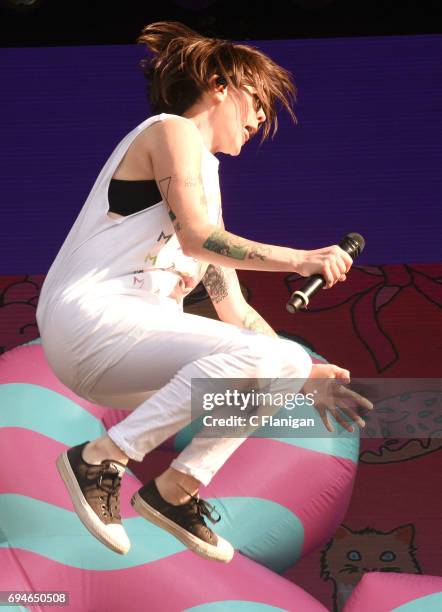 Tegan Quin of Tegan and Sara performs during the 2017 Bonnaroo Arts And Music Festival on June 10, 2017 in Manchester, Tennessee.