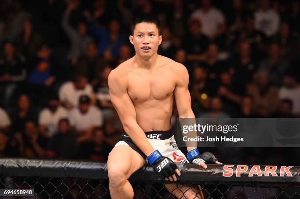 Ben Nguyen celebrates after submitting Tim Elliott in their flyweight fight during the UFC Fight Night event at the Spark Arena on June 11, 2017 in...