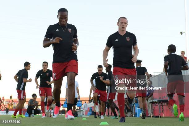 Didier Drogba and Peter Ramage of Phoenix Rising FC warm up prior to the match against the Vancouver Whitecaps II at Phoenix Rising Soccer Complex on...