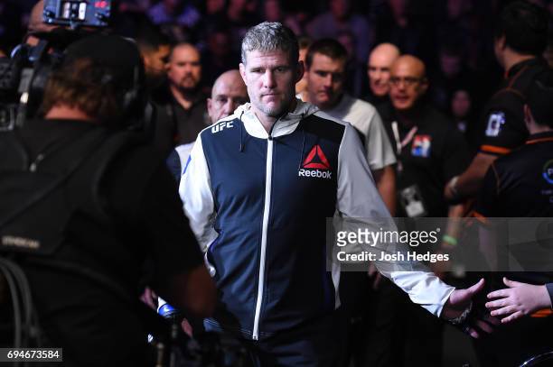 Daniel Kelly of Australia prepares to enter the Octagon before facing Derek Brunson in their middleweight fight during the UFC Fight Night event at...